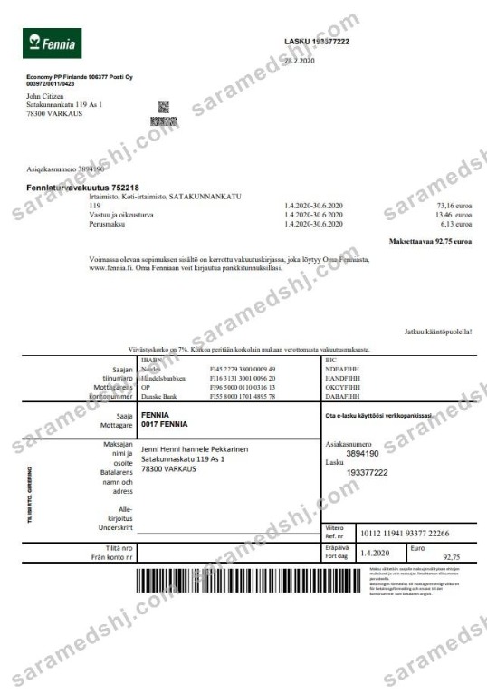 Finland Fennia Insurance company bill template in Word and PDF format